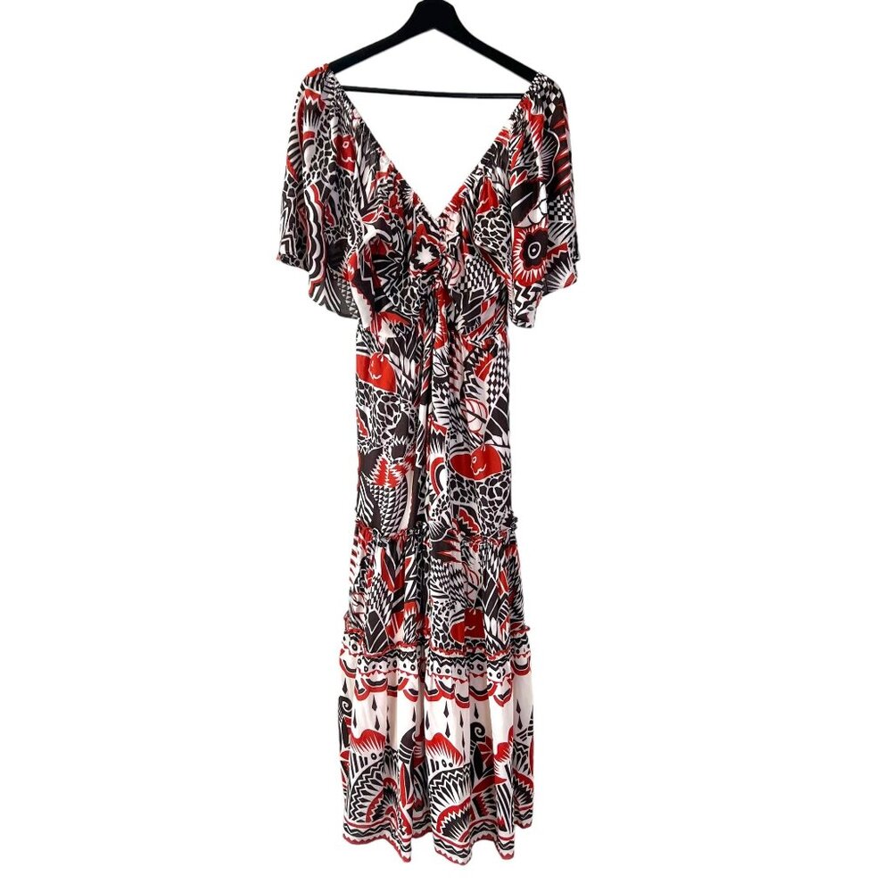 Anthropologie Brown Red White Print Tiered Short Sleeve Tiered Maxi Dress Medium